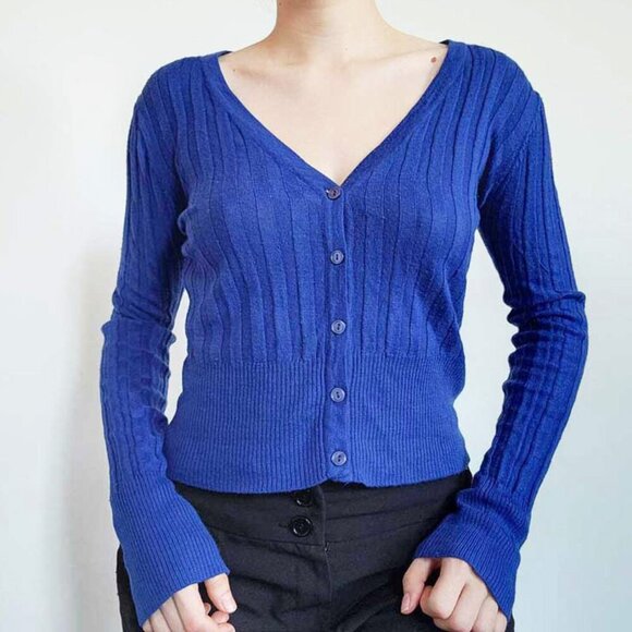 Vintage royal blue ribbed cardigan ✦ y2k classic button up cardigan ✦ - Picture 2 of 13